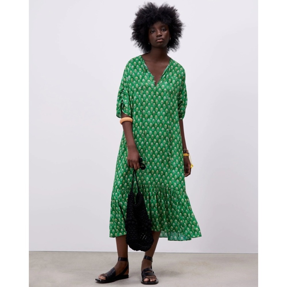 Zara Green Block Print Floral Hem Midi‎ Dress XS Boho Prairie Cottage Relaxed